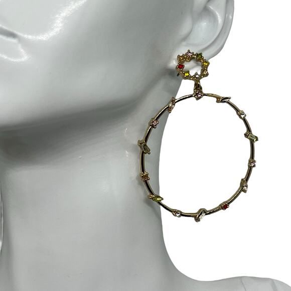 Glamorous Multicolor Crystal Hoop Earrings - Gold-Tone Statement Piece - Picture 5 of 6